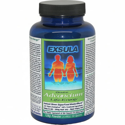 blue bottle of Exsula Advancium, Genuine Life-Energy with logo showing silhouette of orange couple holding hands in blue water, Instant Green Superfood Master Blend, 237 Plant-LifeCrafted, 100% functional ingredients 100mg Co Q10, 500mg Royal Jelly, The Powder Equivalent of 504 Capsules at 250mg each, 126g Powder, 60 spoons