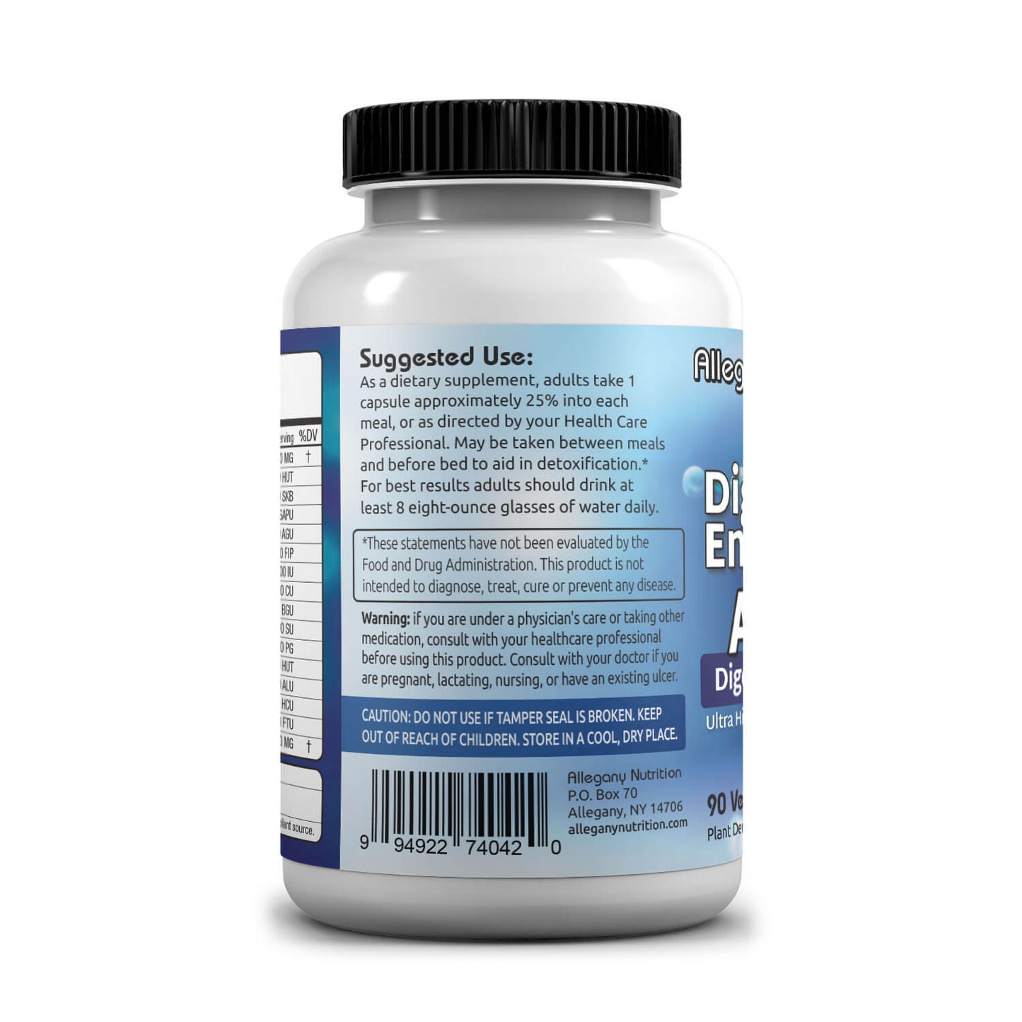 Bottle of Allegany Nutrition Digestive Enzymes AL Suggested Use on a white background