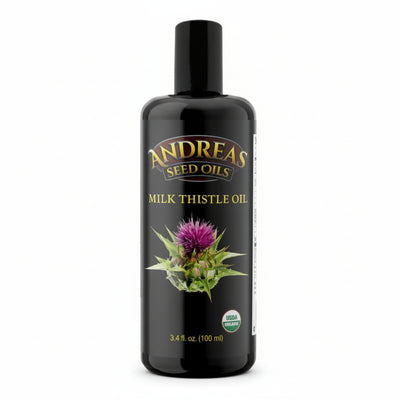 Andreas Seed Oils Milk Thistle Oil bottle on a white background