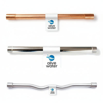 Three metal pipes with 'alive water' branding on a white background
