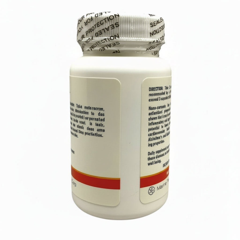 Algoran Inner-Health product bottle with Ecklonia Cava and Nano Curcumin label for health benefits and instructions.