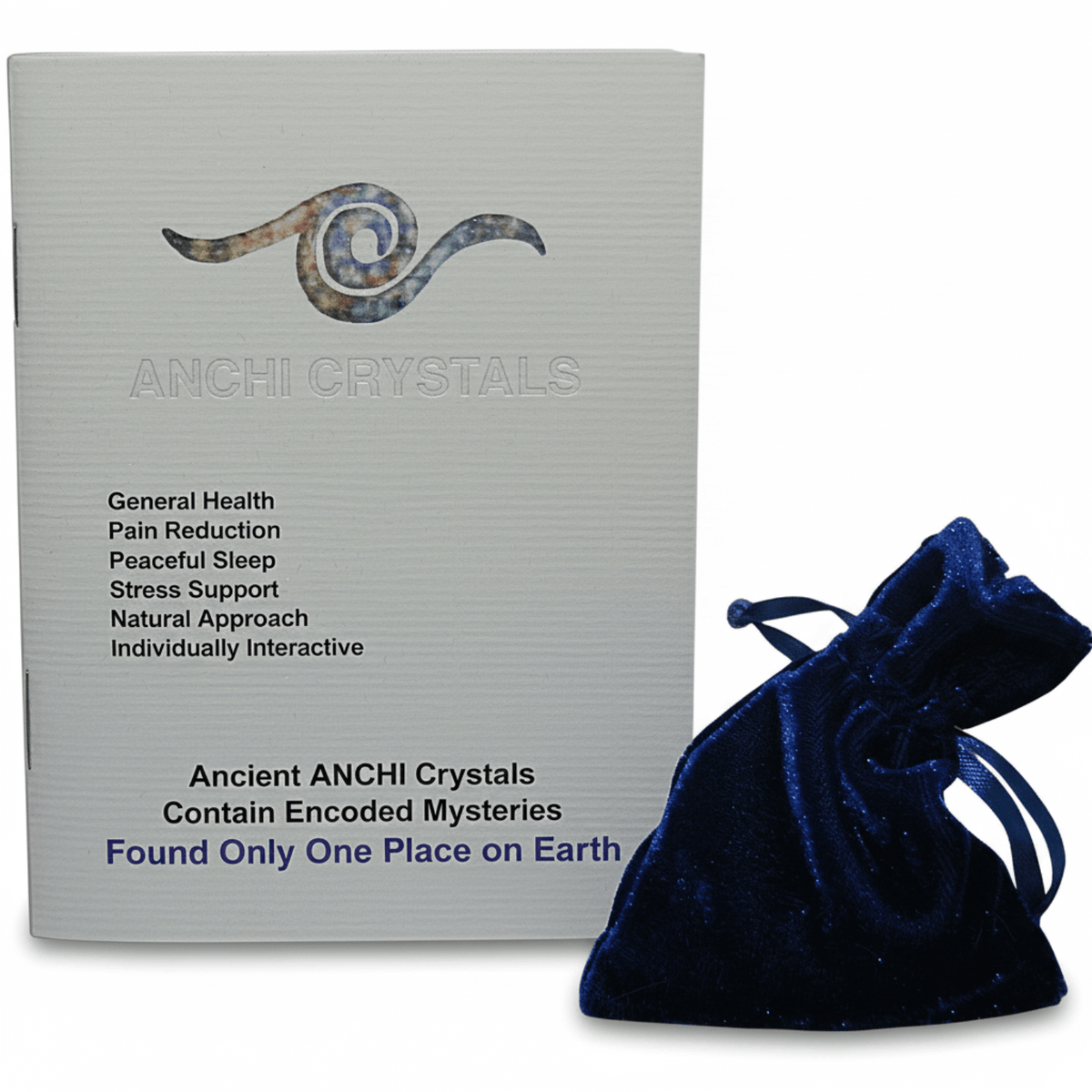 ANCHI Crystals box and pouch for Natural Energetic Rejuvenation, promoting general health and stress support.