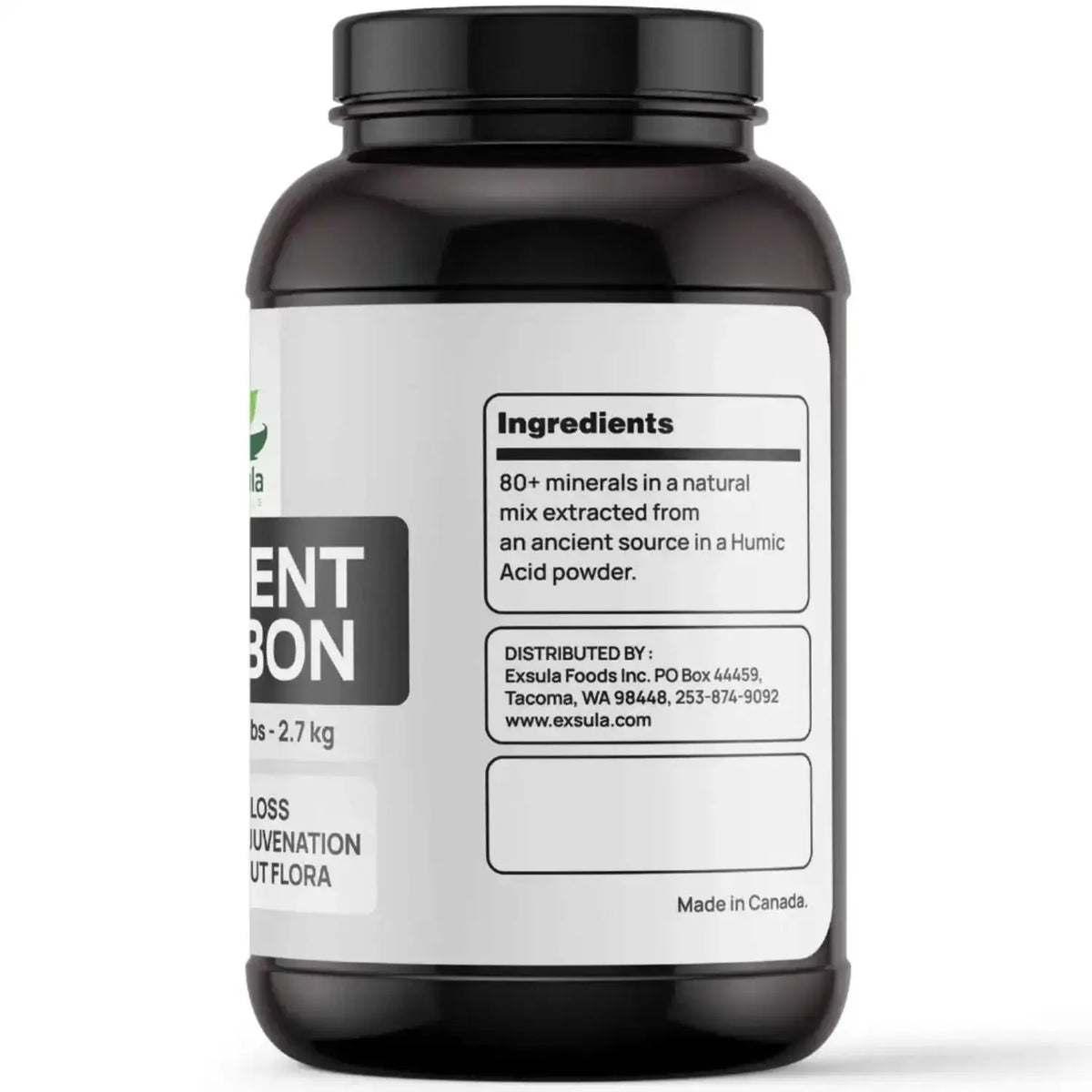 Ancient Carbon Humic Acid Mineral Complex supplement jar showcasing ingredients and nutritional information.