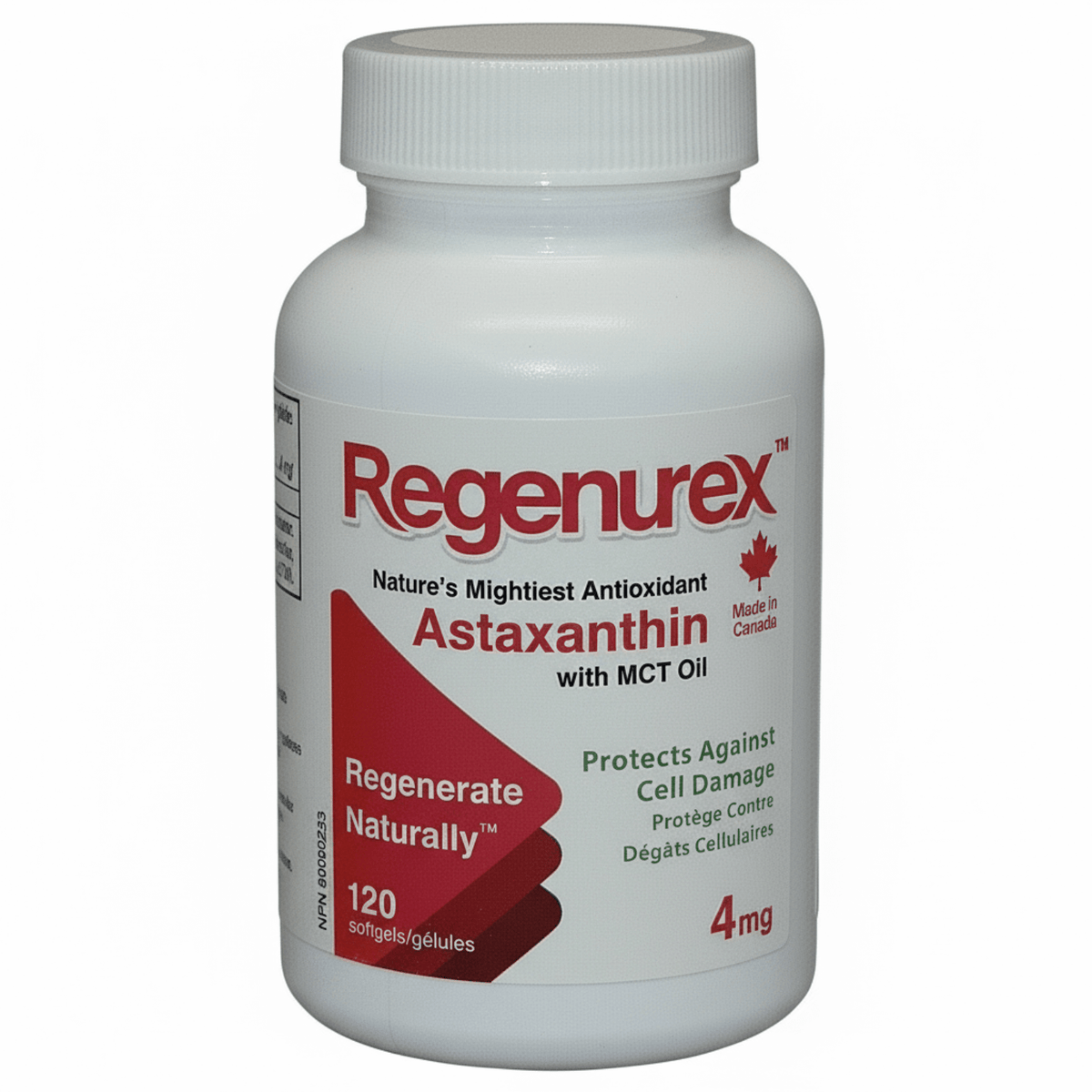 Regenurex Astaxanthin High Potency Antioxidant supplement bottle with MCT Oil, 120 softgels, 4mg