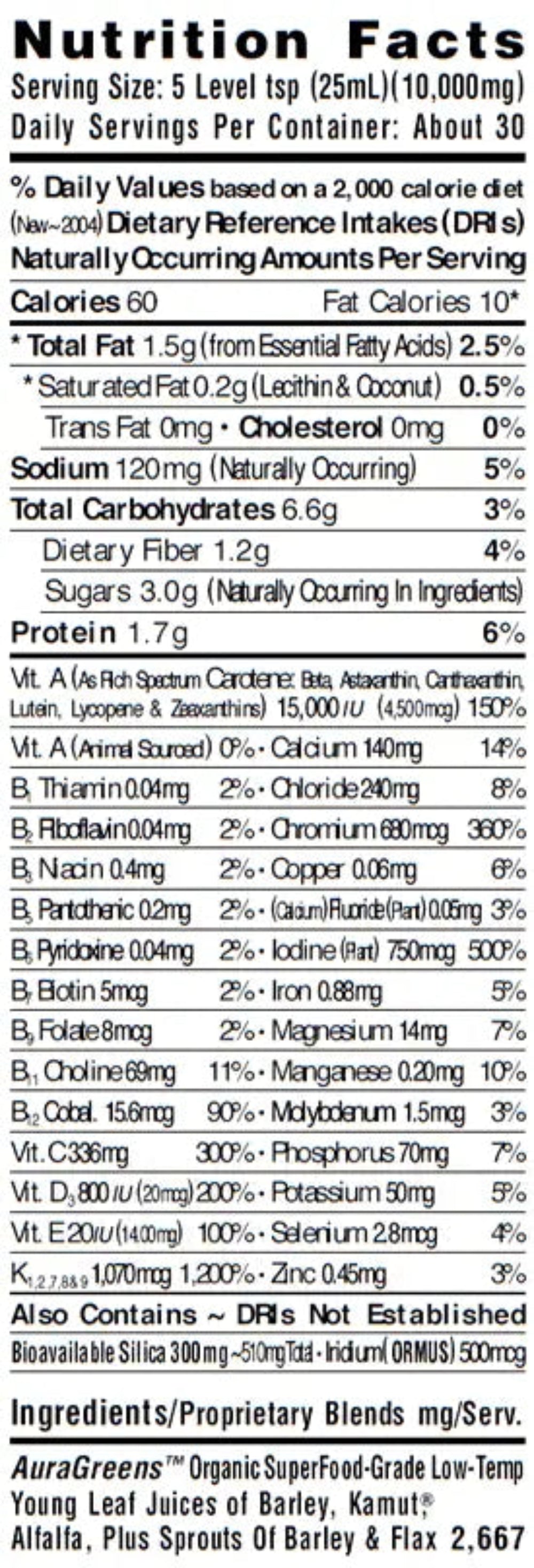 Nutrition facts label for AuraFit superfood for endurance, showing calories, nutrients, and ingredients information.
