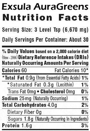 Nutrition facts for Exsula AuraGreens Chlorophyll Rich Energy Supplement showcasing calories and nutrients.
