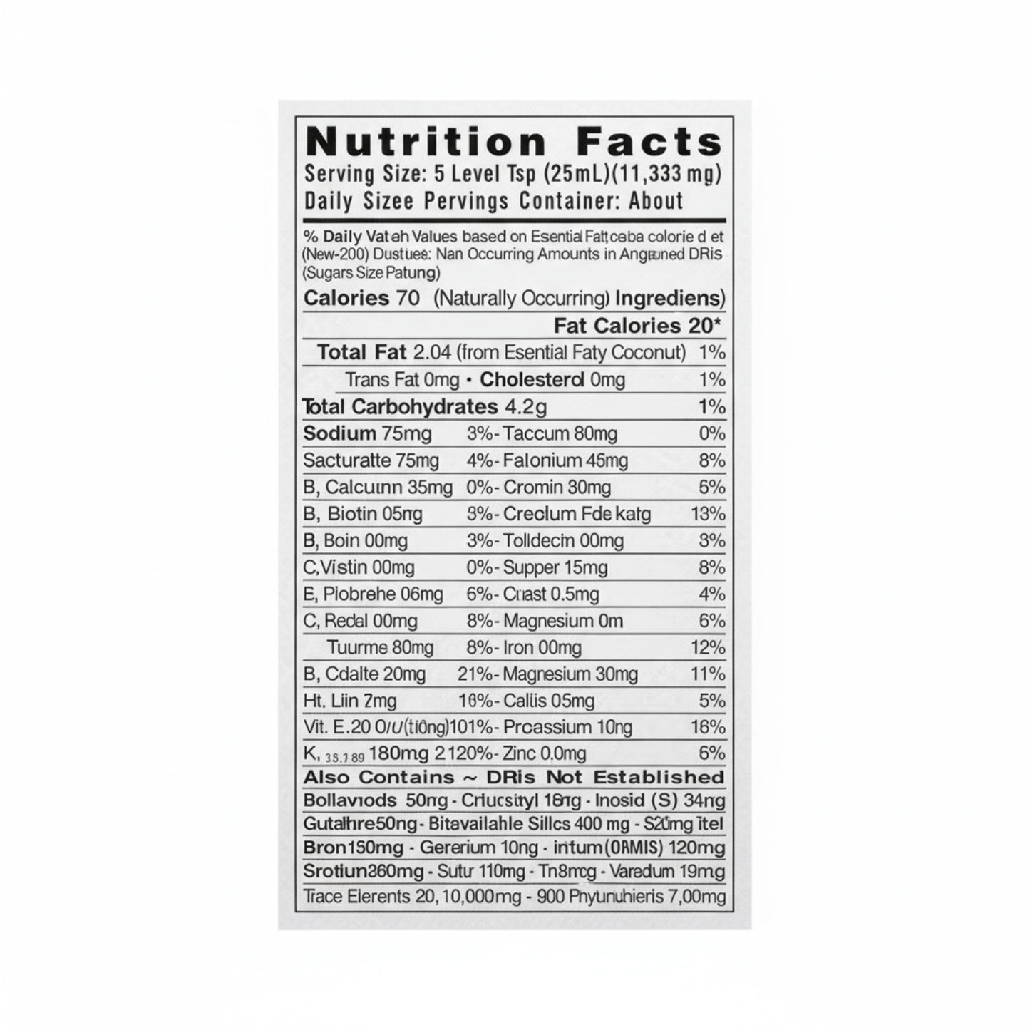 Nutrition facts label for AuraSil Silica Superfood Blend, detailed serving information and nutrient breakdown.