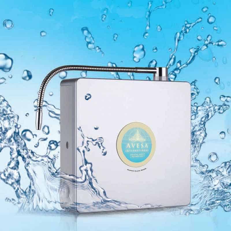 Avesa Water System featuring Crystal-Boost Technology with water splash background for enhanced hydration.