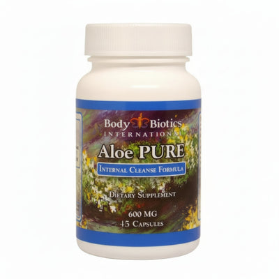 white container, label with greens in back and blue stripe top and bottom, Body Biotics International Aloe PURE Internal Cleanse Formula, Dietary Supplement, 600mg, 45 capsules