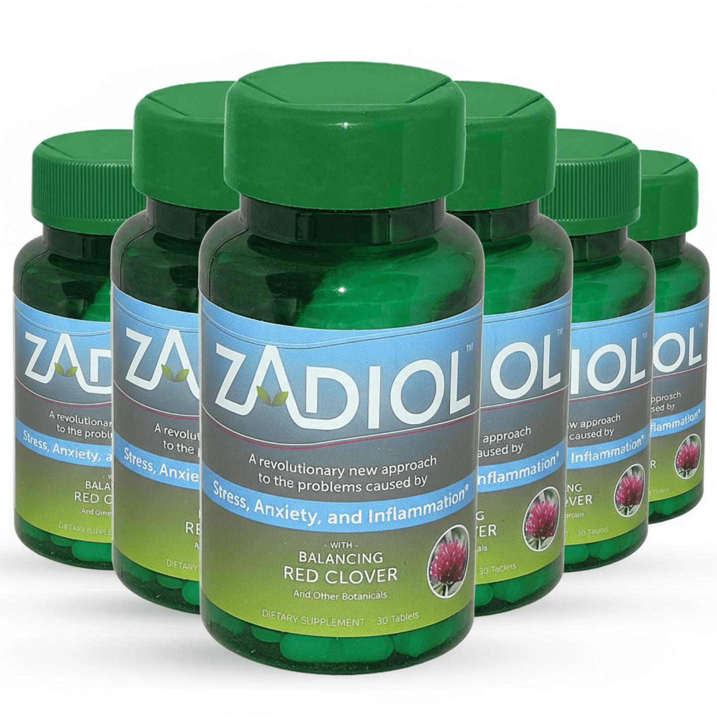 six green bottles of Zadiol, a revolutionary new approach to the problems caused by stress, anxiety and inflammation, with balancing red clover and other botanicals, dietary supplement 30 tablets, small image of red clover bloom