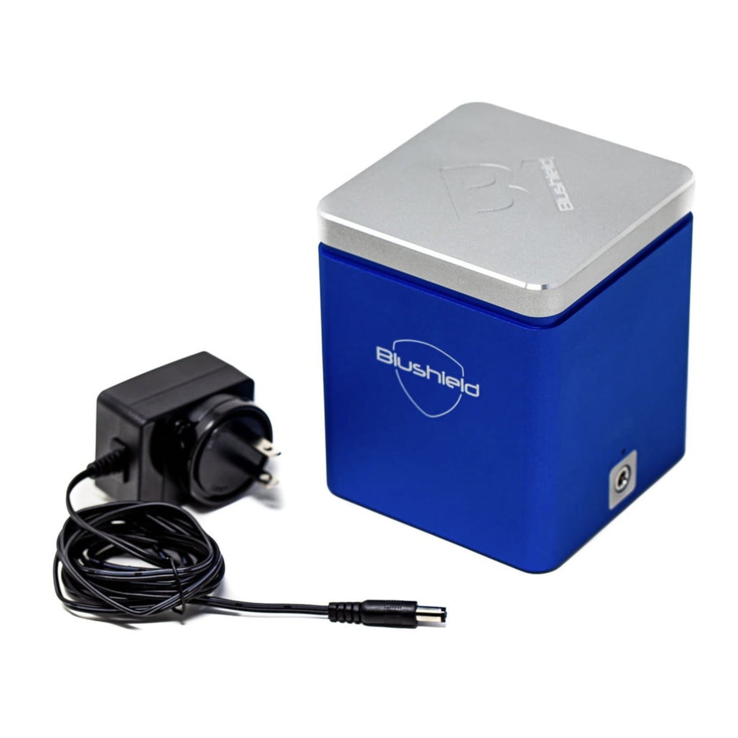 blue EMF protection cube, with silver Bludshield logo, blue cube with silver top and power cord