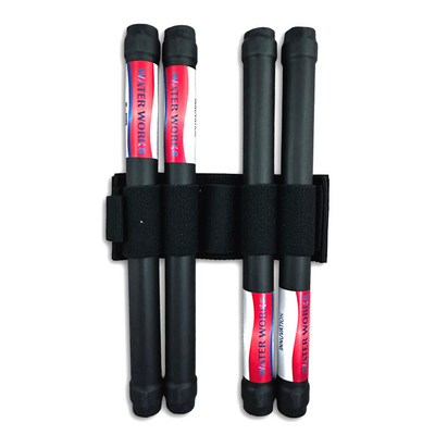 Set of four black and 'Water Works' red canes with a carrying strap on a white background
