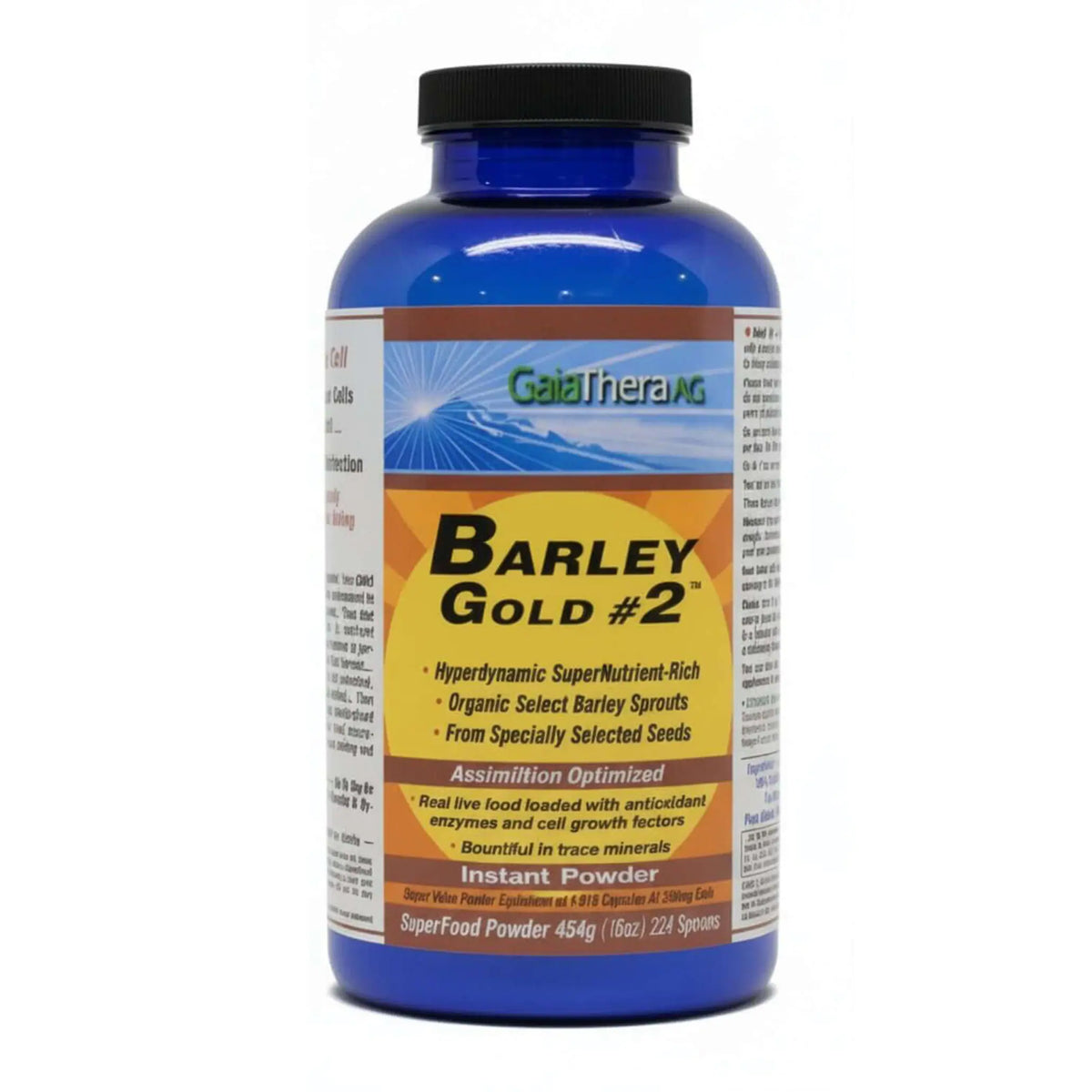 Sprouted Barley Grass Protein Powder in a blue bottle; rich in nutrients and essential minerals.