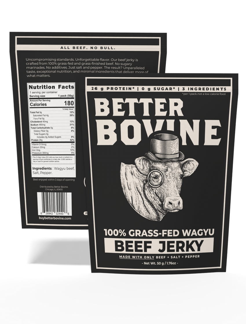 Two views of a beef jerky package labeled 'Better Bovine' on a clean white background. The front shows a black-and-white cow illustration with a top hat and monocle, and the back shows nutrition facts and product text.