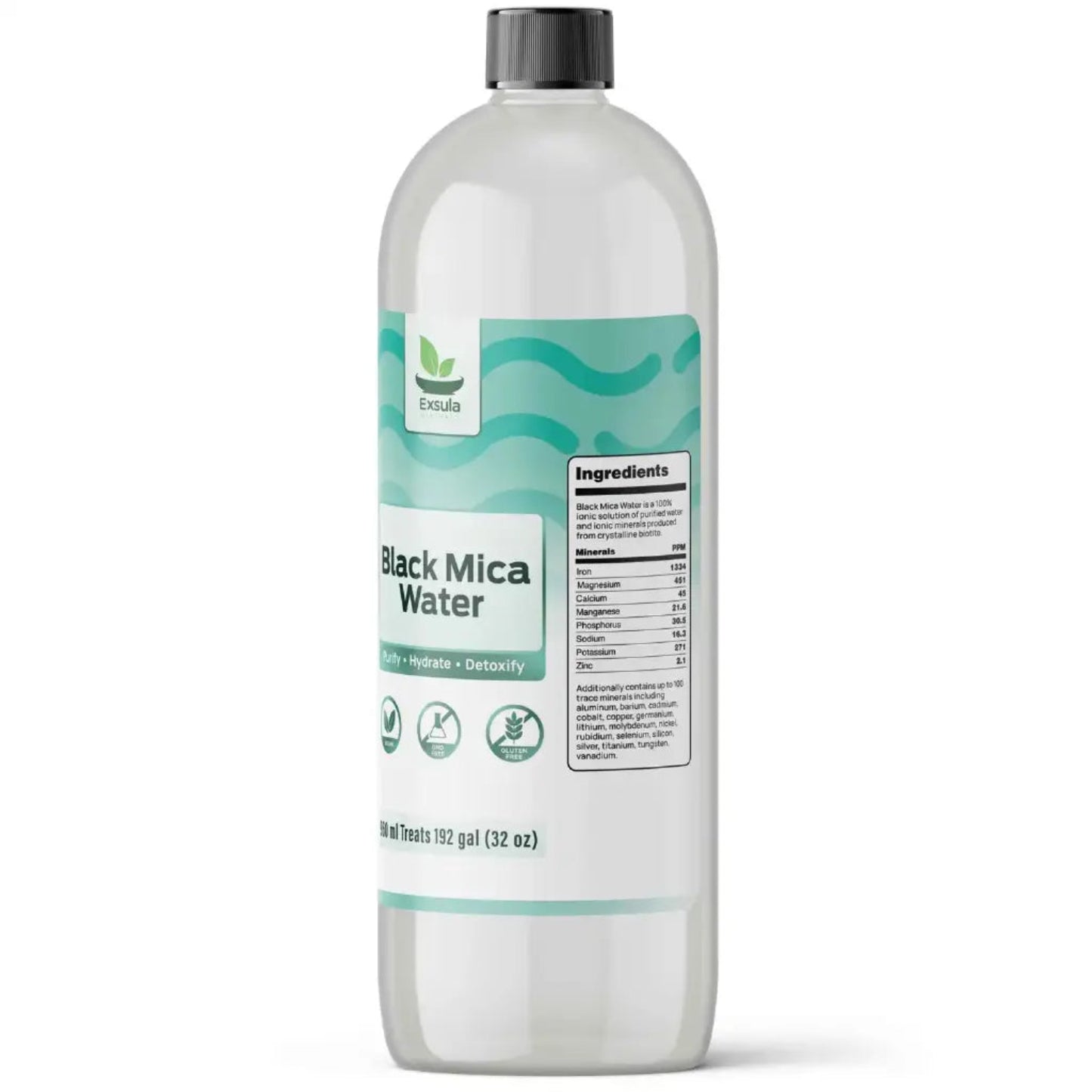 Bottle of Black Mica Water with a white label on a white background