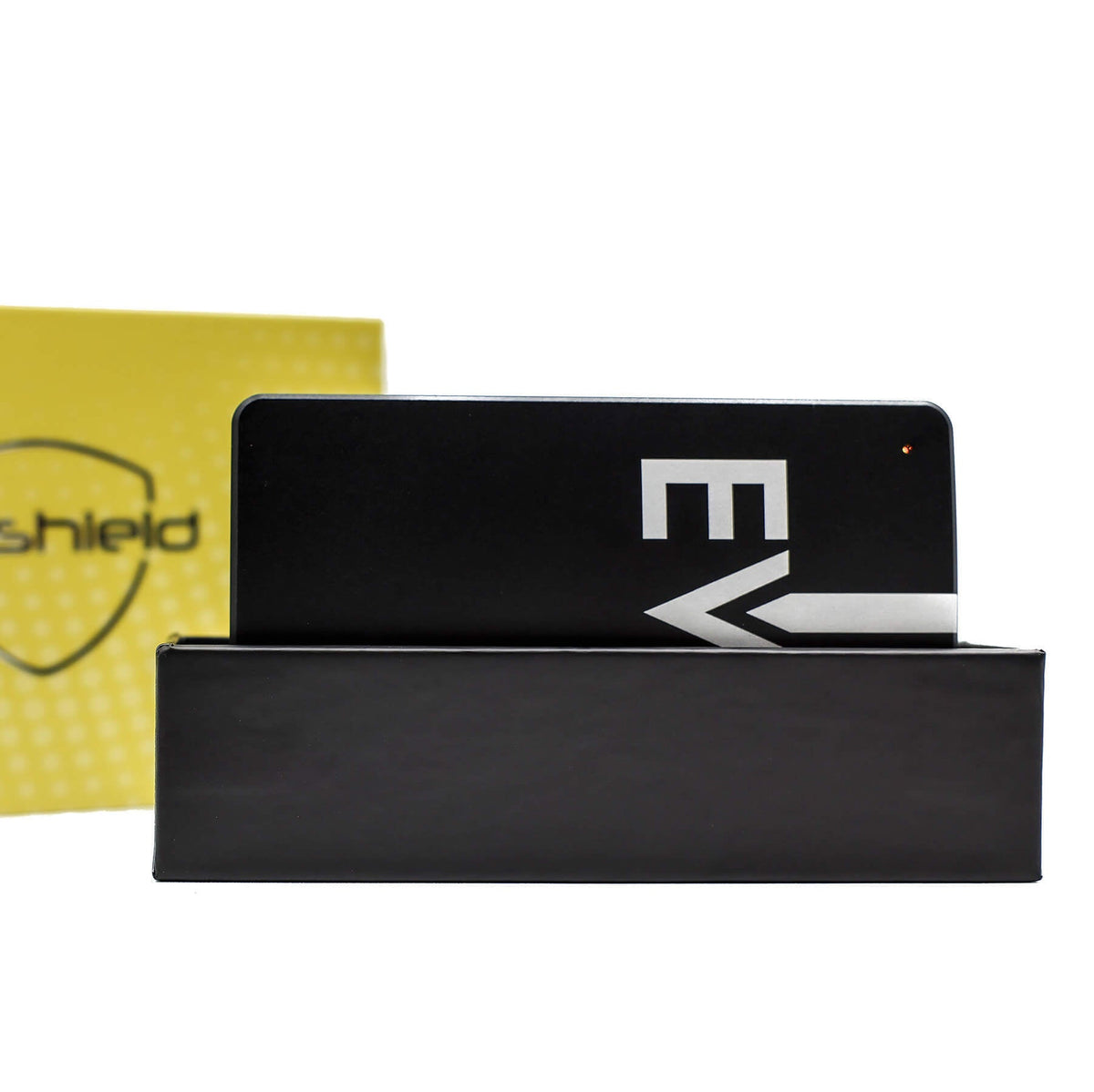 A black rectangular electronic device with a large white 'EN' logo, displayed in front of its yellow and black protective packaging box on a white background.