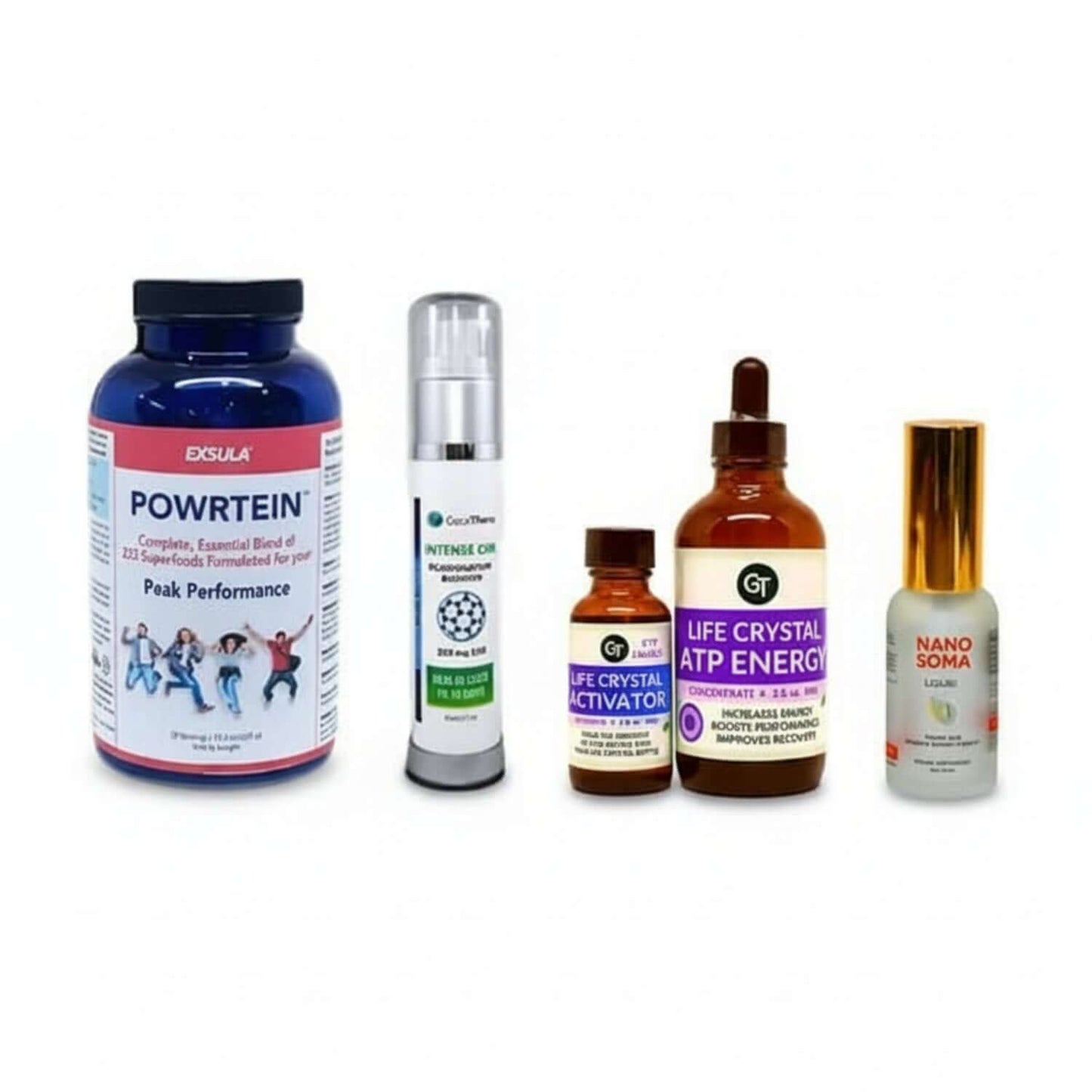 Bundle of supplements for stamina including Powrtein, intense care, Life Crystal activator, ATP energy, and Nano Soma.