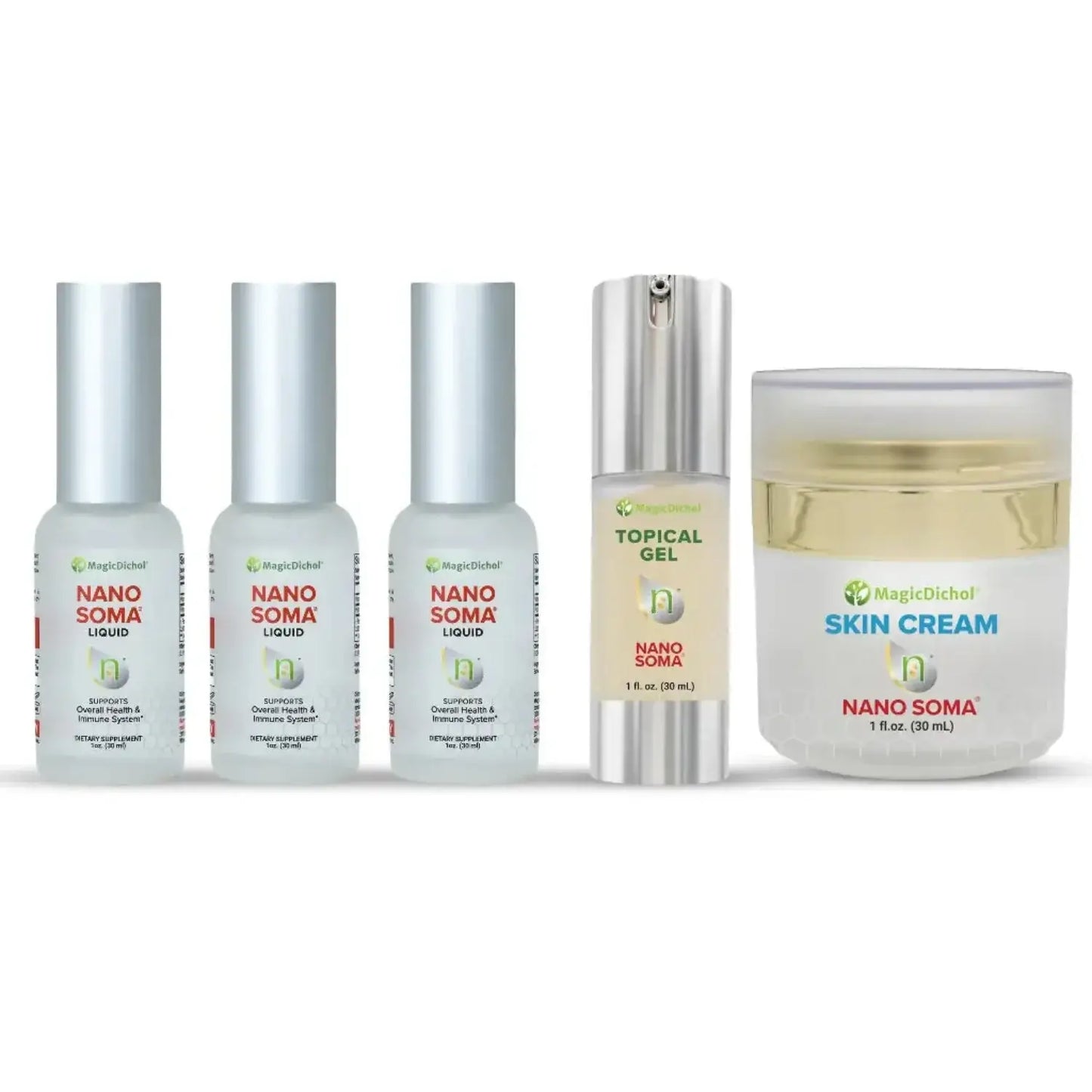 Bundle of Nano Soma products including liquid supplements and skin cream, Nutritional Nutraceutical Supplement.