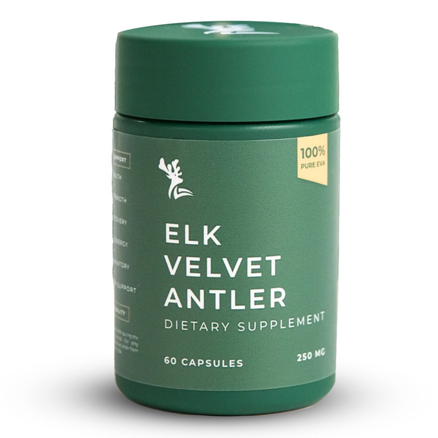 Green supplement container labeled 'Elk Velvet Antler' on a white background