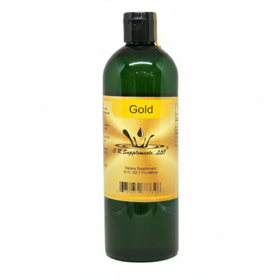 Bottle of Gold dietary supplement with a gold label on a white background