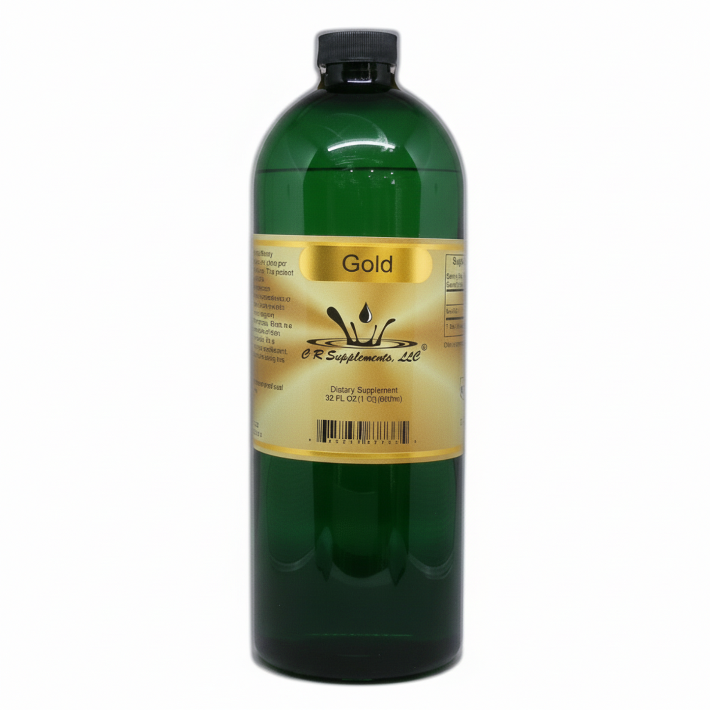 Green bottle of Gold dietary supplement with a yellow label on a white background