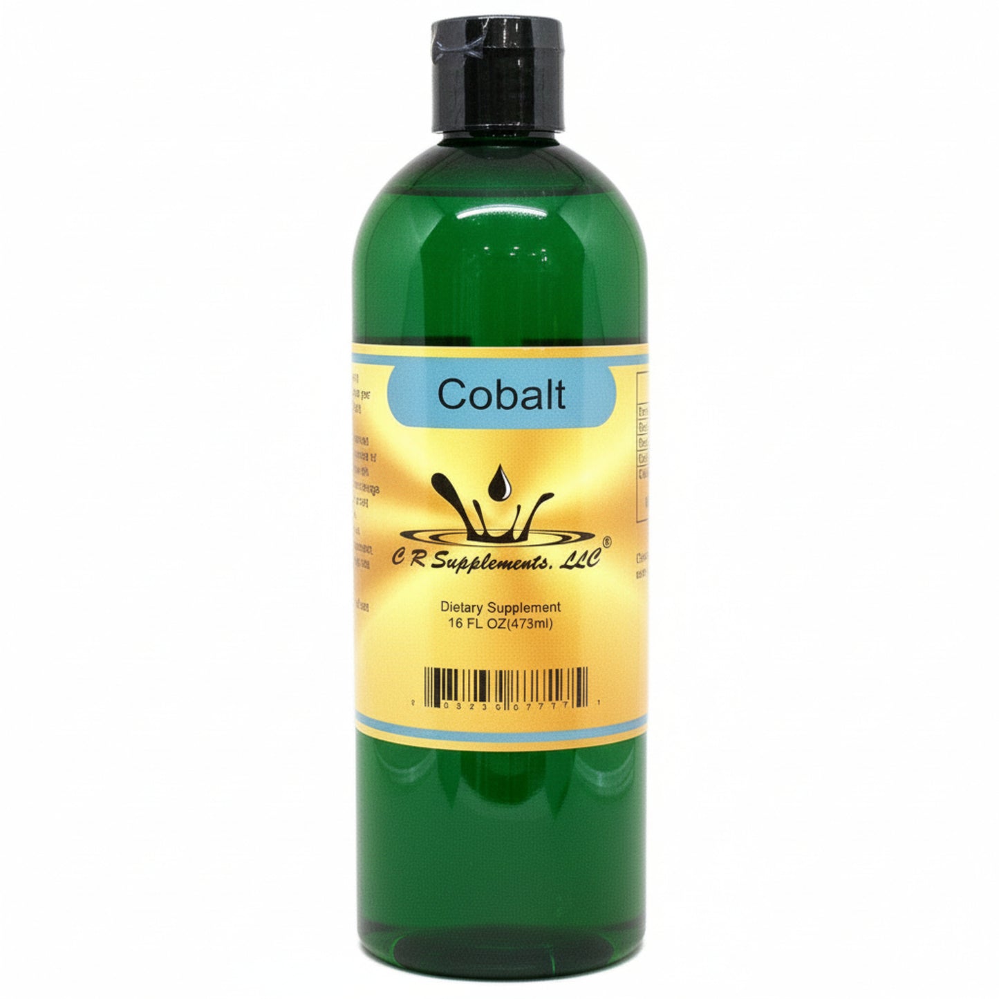 green supplement bottle of Cobalt with yellow label on a white background