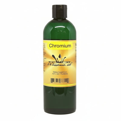 dark green bottle of Chromium with a yellow label on a white background