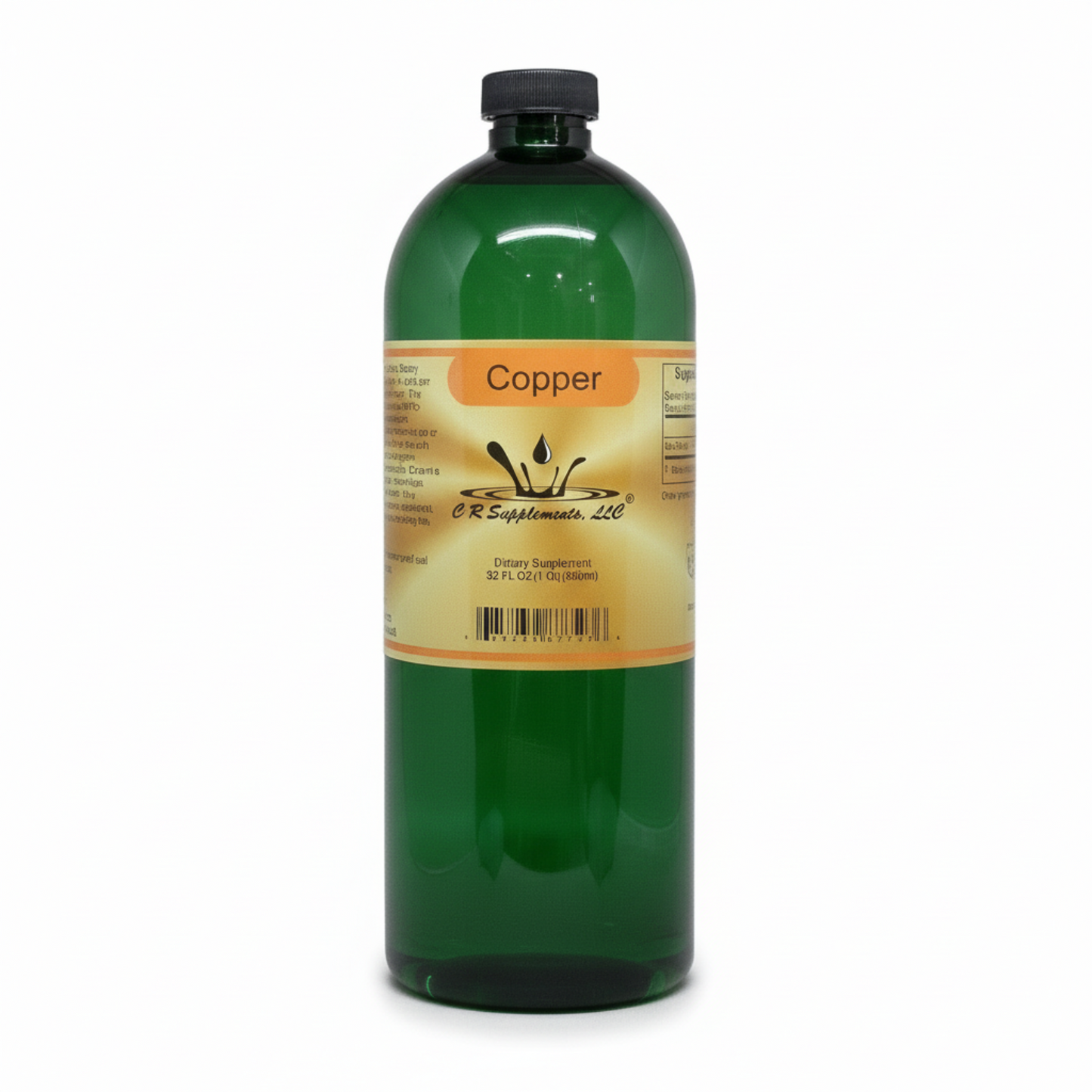 Green bottle of Copper from CR Supplements with a yellow label on a white background
