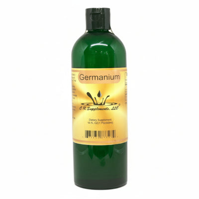 Green bottle of Germanium supplement with a yellow label on a white background