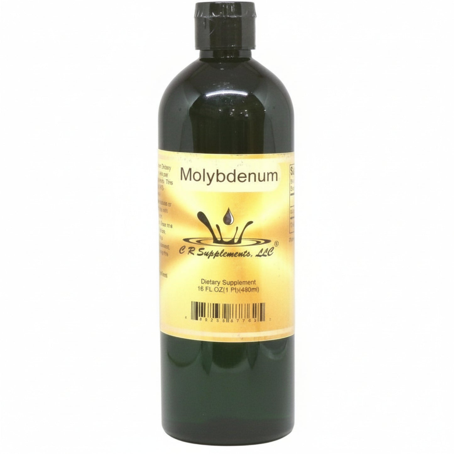 Bottle of molybdenum supplement with a yellow label on a white background