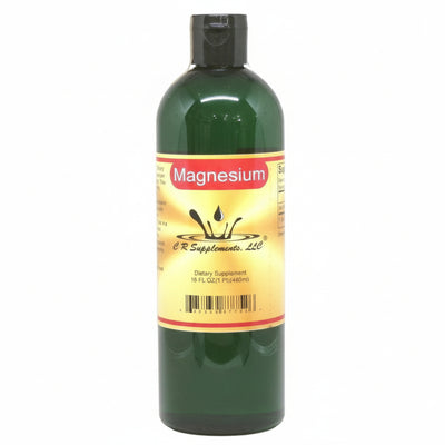 Green supplement bottle of Magnesium with a yellow label on a white background