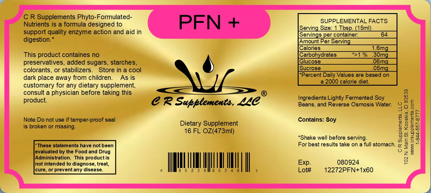 PFN+ liquid mineral and enzyme supplement label from CR Supplements, highlighting key nutritional information.