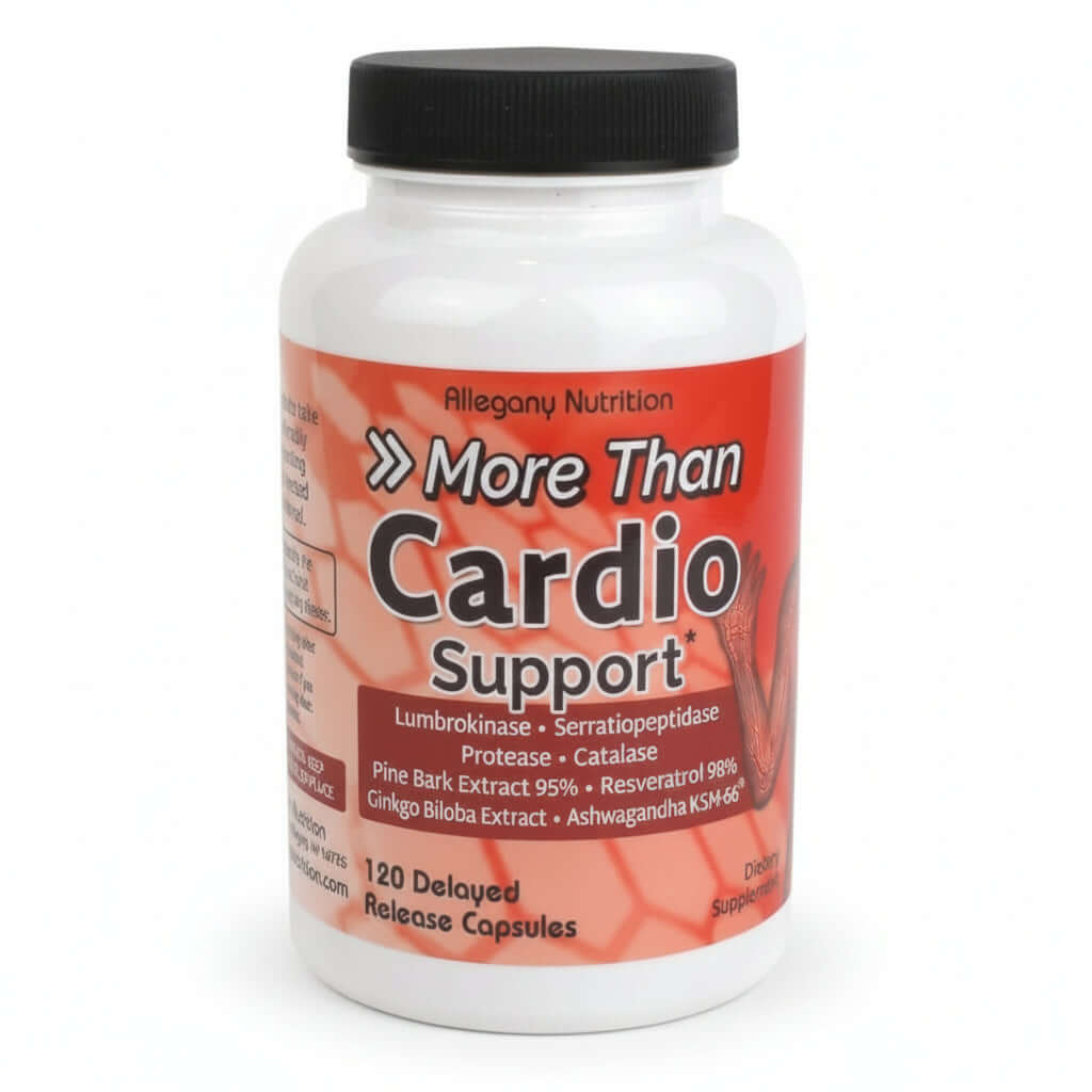 Allegany Nutrition Cardio Support bottle containing 120 delayed release capsules with powerful proteolytic enzymes.