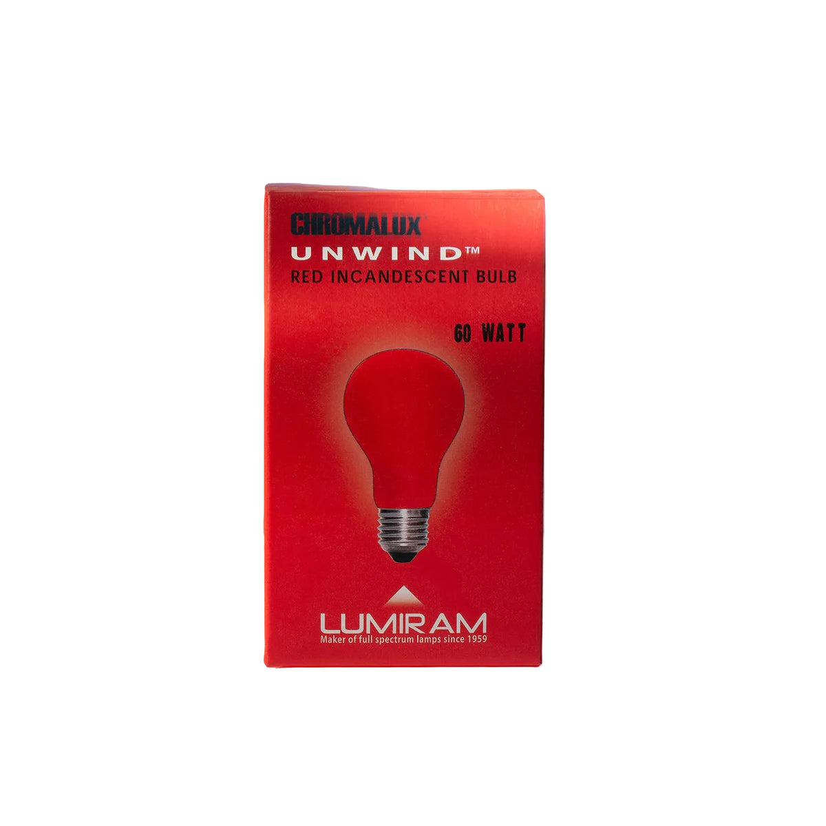 Chromalux Unwind Red Incandescent Light Bulb For Sleep in red packaging, showcasing a 60-watt bulb for better sleep.