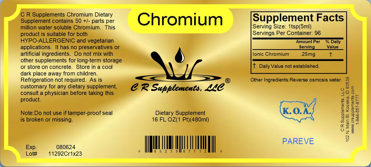 Chromium ionic liquid mineral supplement label showing supplement facts and dosage information.