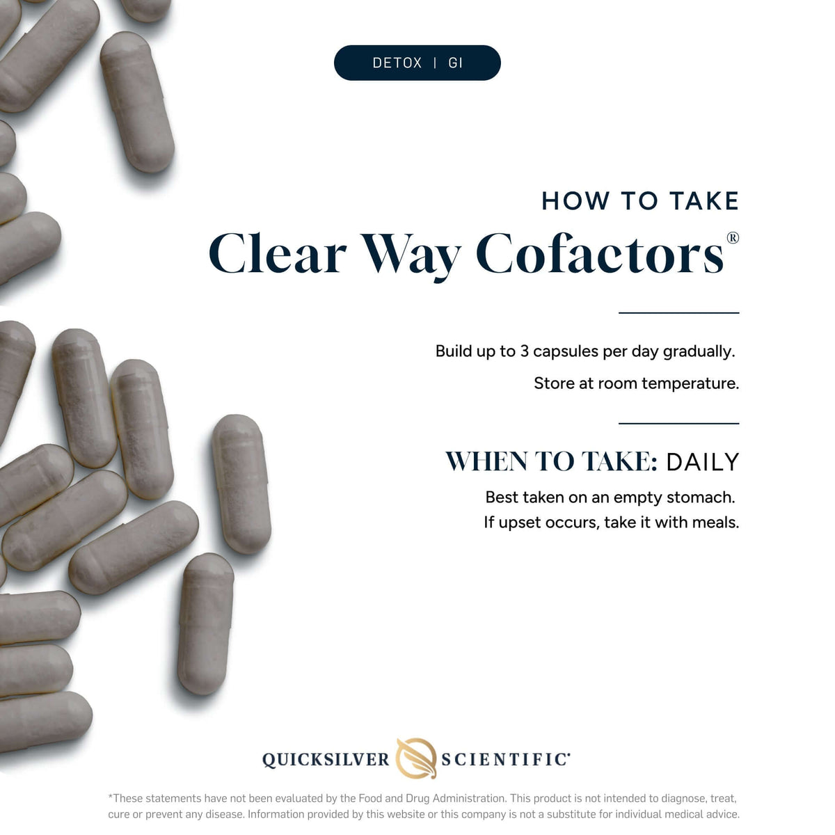 Clear Way Cofactors capsules for Natural Detox Pathway Support instructions on usage and dosage.