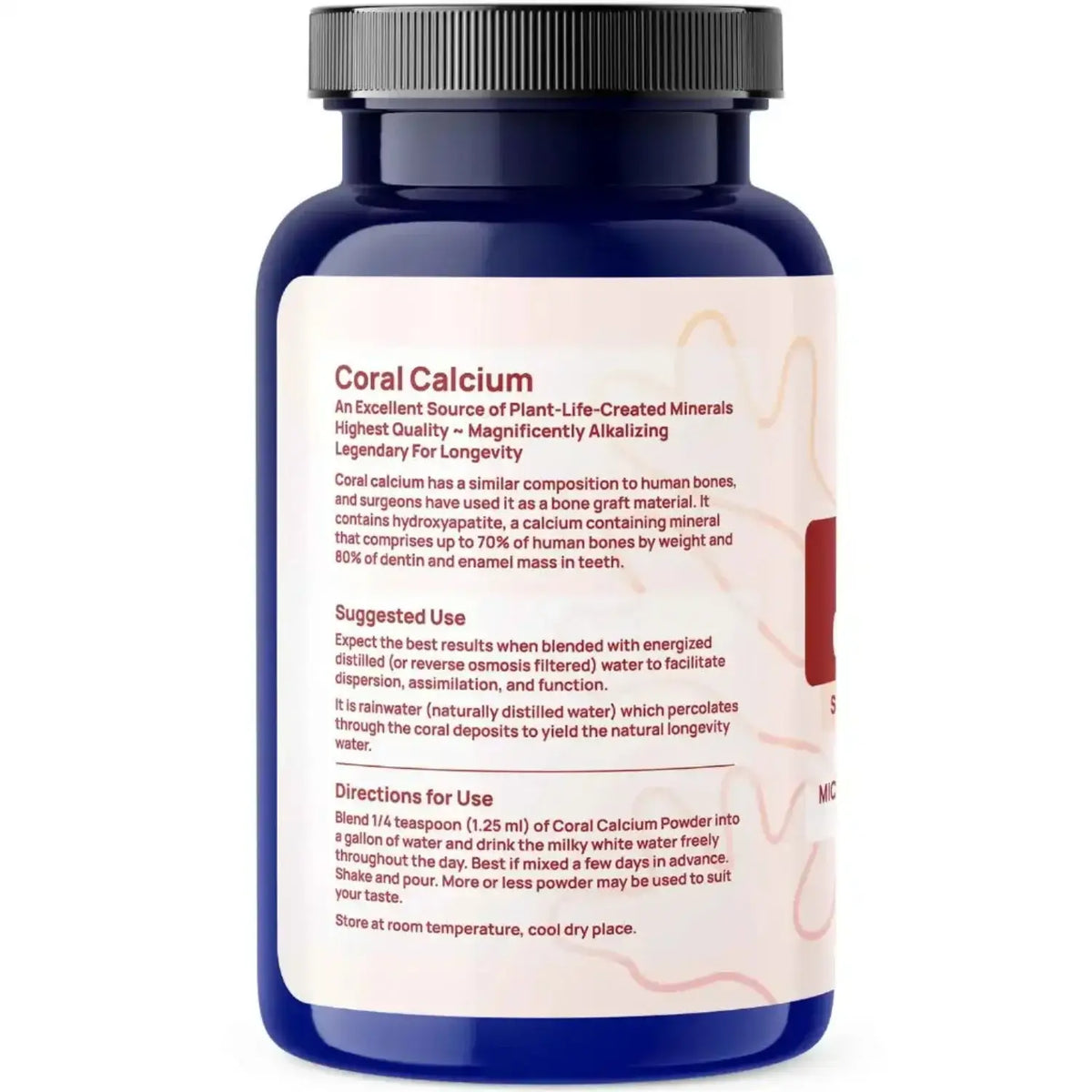 Coral Calcium supplement bottle with natural calcium magnesium for bone resorption benefits and usage directions.