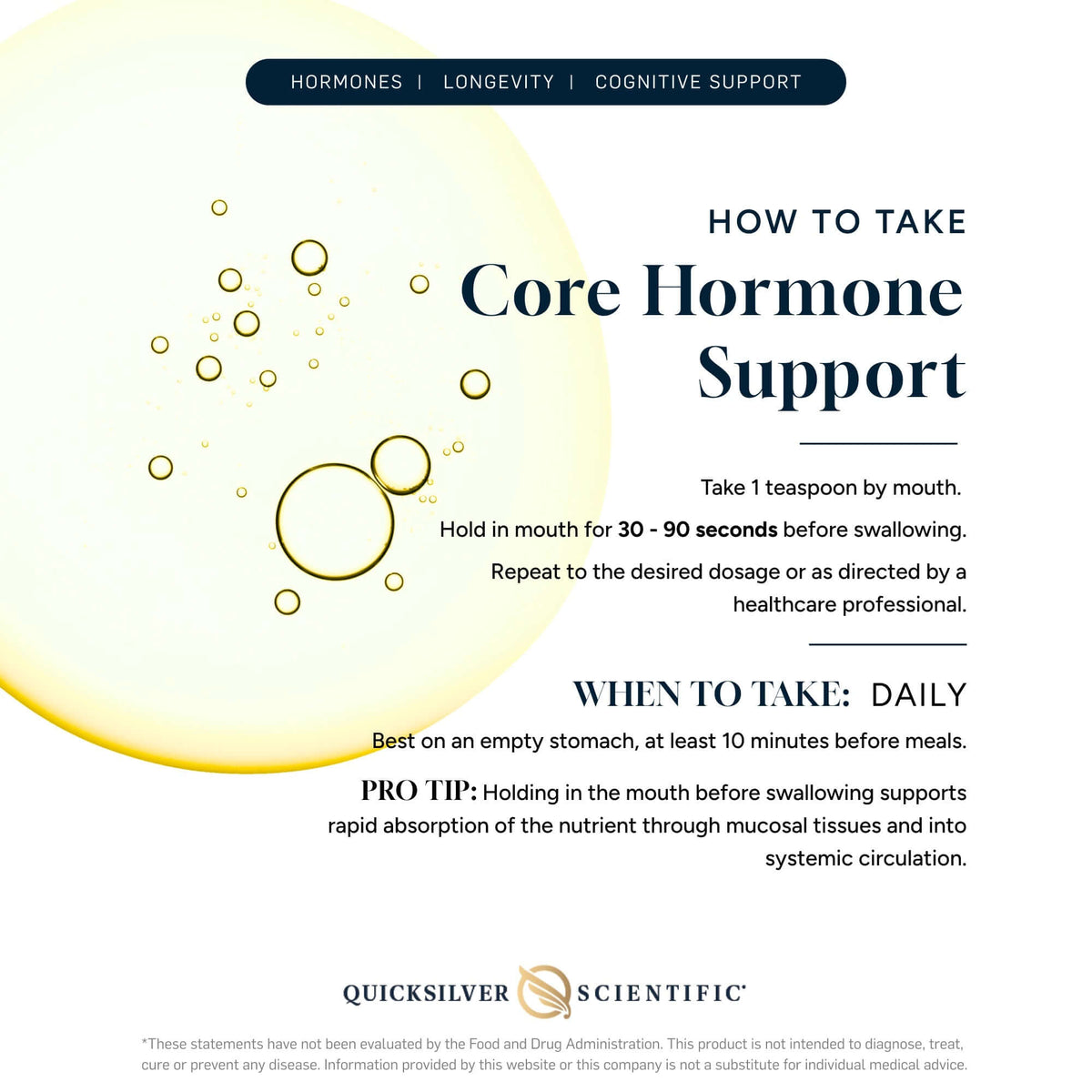 Core Hormone Support instructions showing how to take Bioavailable DHEA and Pregnenolone for optimal use.