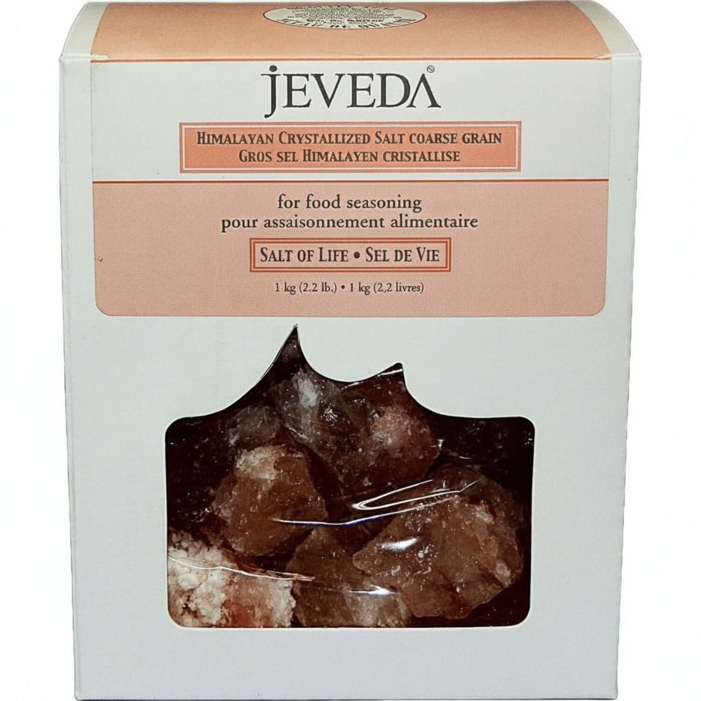 Jeveda Himalayan Crystal Salt Rocks for Brine Therapy in a packaging box, ideal for food seasoning.