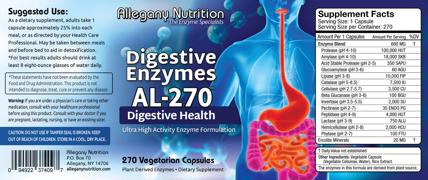 Allegany Nutrition Digestive Enzymes supplement label with blue and pink graphics of a human digestive system.
