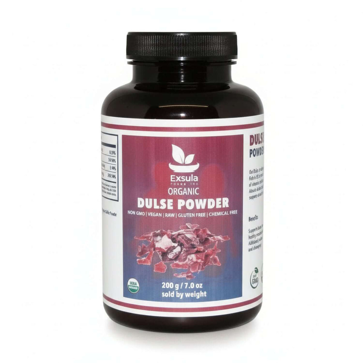 Exsula Organic Dulse Powder Superfood bottle, 200g, non-GMO, vegan, gluten-free, chemical-free.