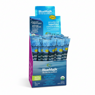 blue display open box of single servings, Blue Majik on -the-go singles powdered superfood concentrate, USDA rganic