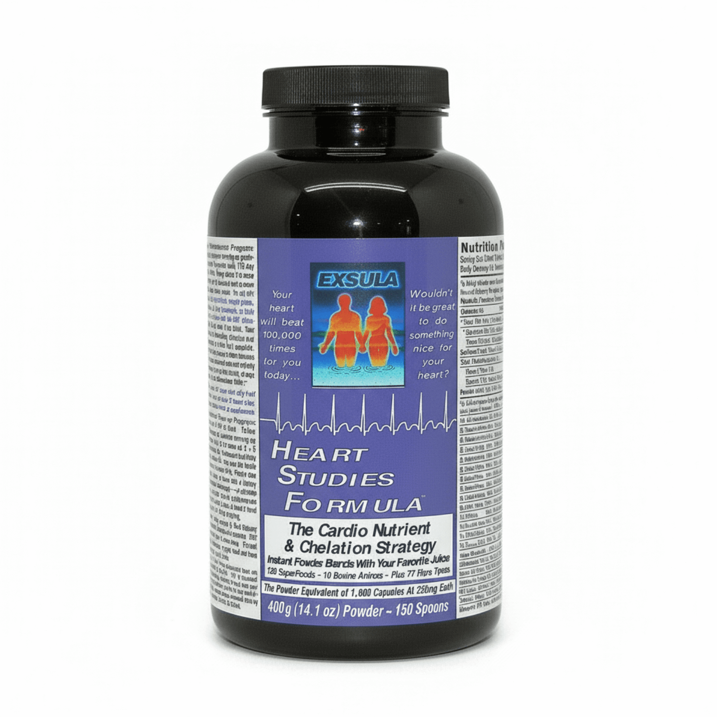 Bottle of Exsula Heart Studies FO RM ULA supplement with a purple label on a white background