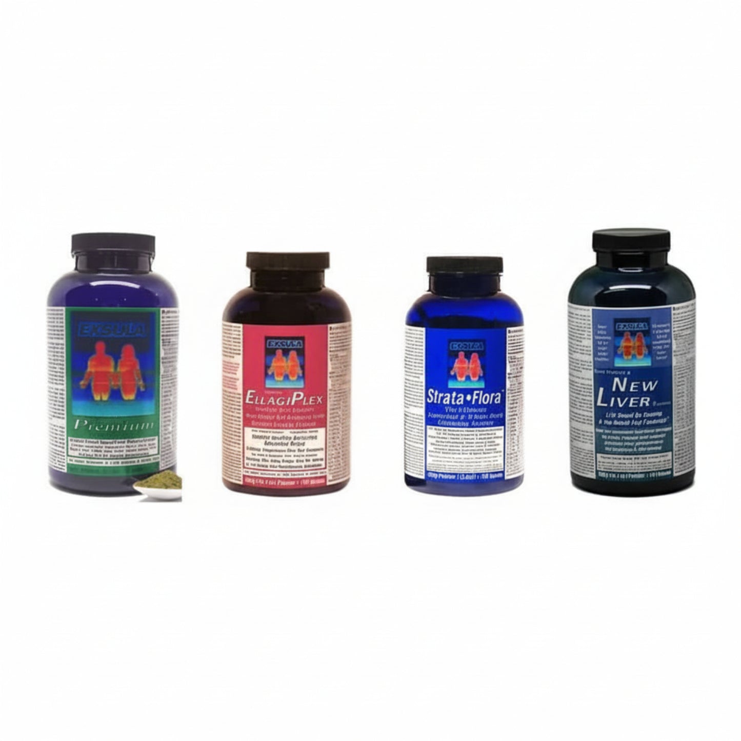 four products from Exsula Superfoods, 1. Premiium 2. EllagiPlex 3. Srata-Flora 4. New Liver
