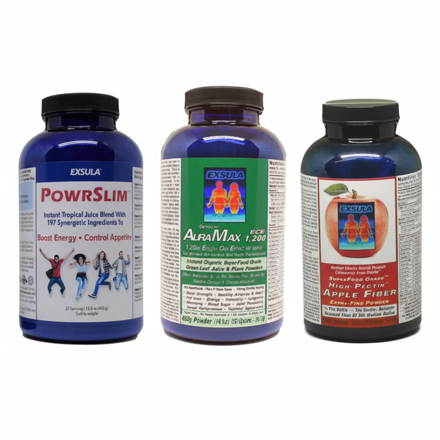 three products from Exsula Superfoods: 1. PowrSlim (15.8oz)
Energy drink replacement helps turns fat into energy, enhances memory and immunity 2. AuraMax (14oz)
Superfood blend helps restore mobility and bone strength 3. Apple Fiber (10.6oz) Improve digestive regularity. May reduce cholesterol and strengthen immunity.