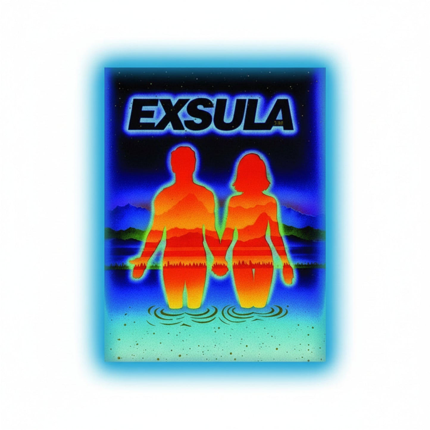 Poster with 'EXSULA' branding featuring silhouettes of a man and woman holding hands over water.