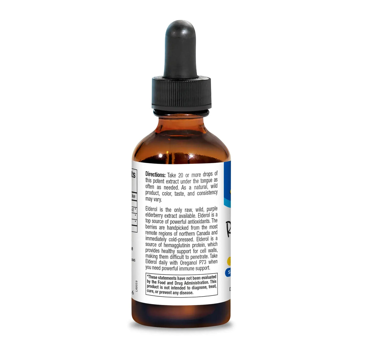 Elderol - Raw Wild Elderberry Extract dropper bottle with usage directions and ingredients label.