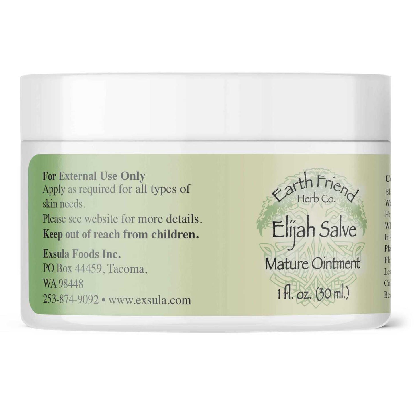 Jar of Elijah Salve Mature Ointment with green label on a white background