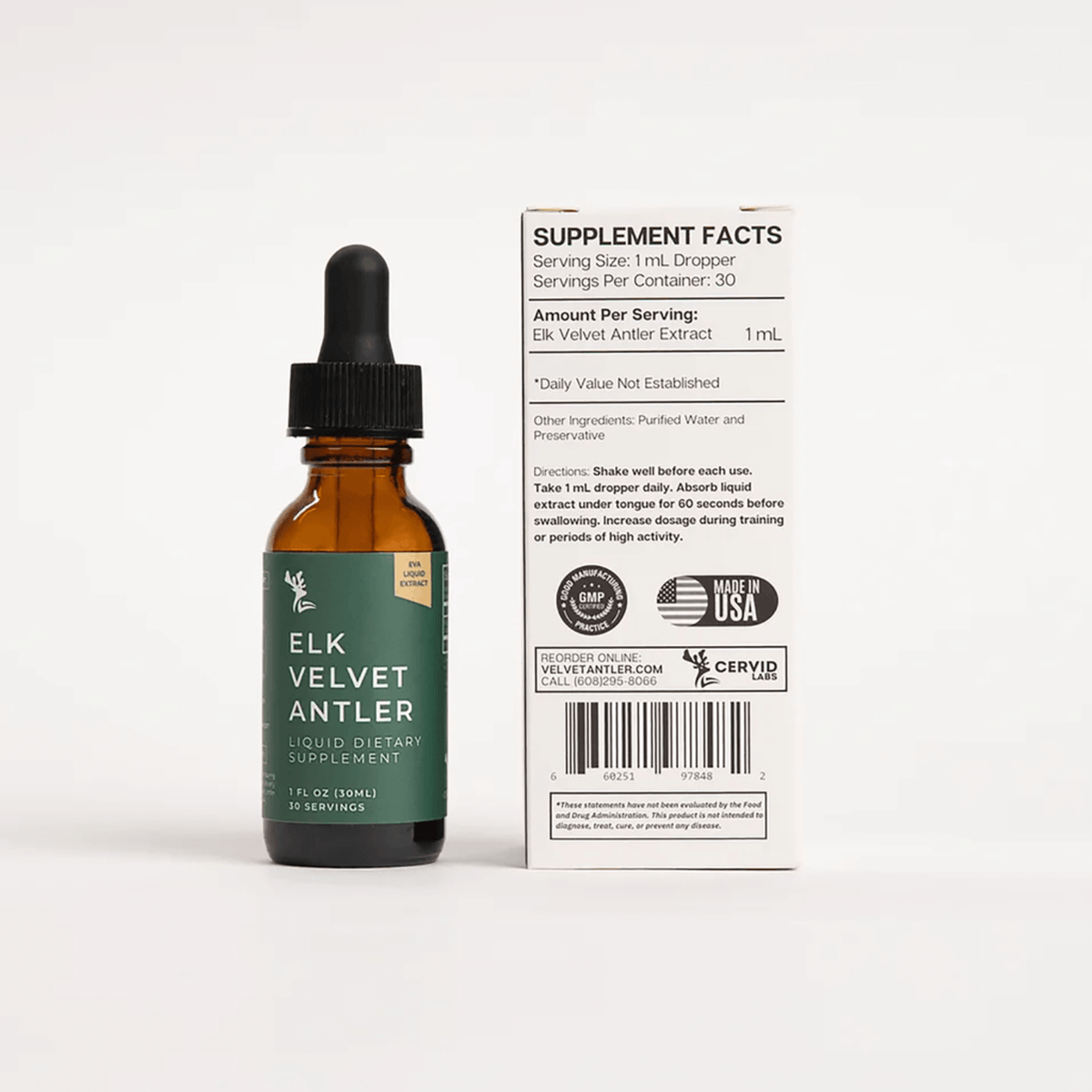 Elk Velvet Antler Liquid bottle showcasing High Potency Joint Support supplement facts and dosage information