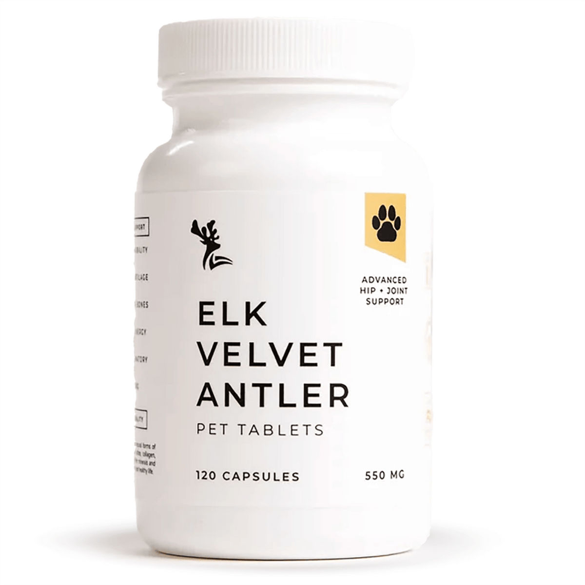 Elk Velvet Antler Pet Tablets for Joint Mobility and Comfort, a premium Pet Joint Supplement in a bottle of 120 capsules.